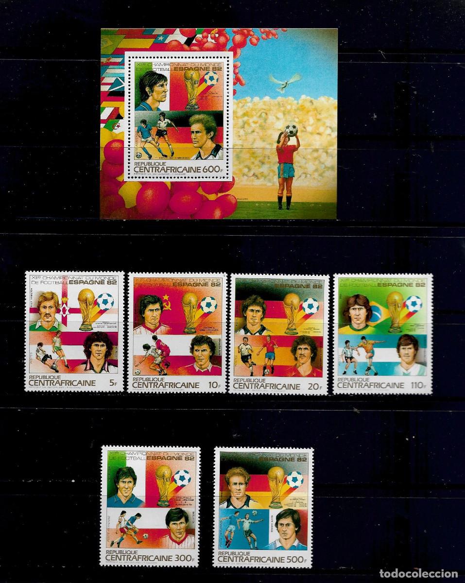 Sellos: CENTROAFRICANA 1982, Ivert 579/82 + A-285/86 + HB.67 - CAMPEONATO MUNDIAL DE F&Uacute;TBOL- ESPA&Ntilde;A 82. MNH.