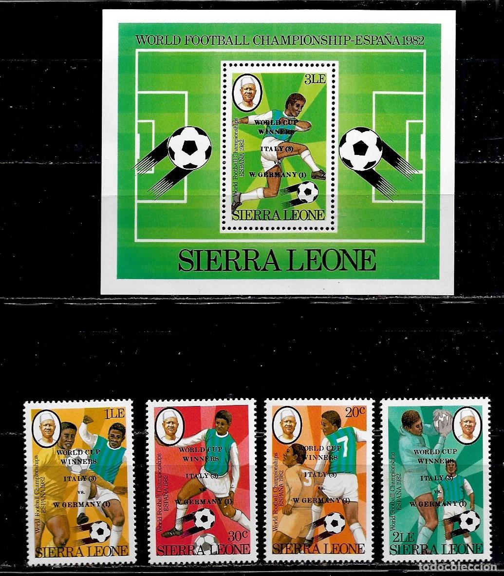 Sellos: SIERRA LEONA 1982, Ivert 544/47 + HB.13 - VENCEDORES - CAMPEONATO MUNDIAL DE F&Uacute;TBOL- ESPA&Ntilde;A 82. MNH.