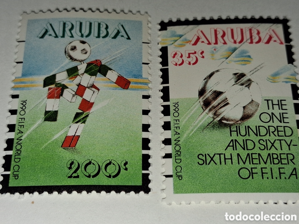 Sellos: Sello Aruba nuevo 1990. Copa mundial f&uacute;tbol. Italia. Deporte. Bandera. Emblema. Juego. Competicion