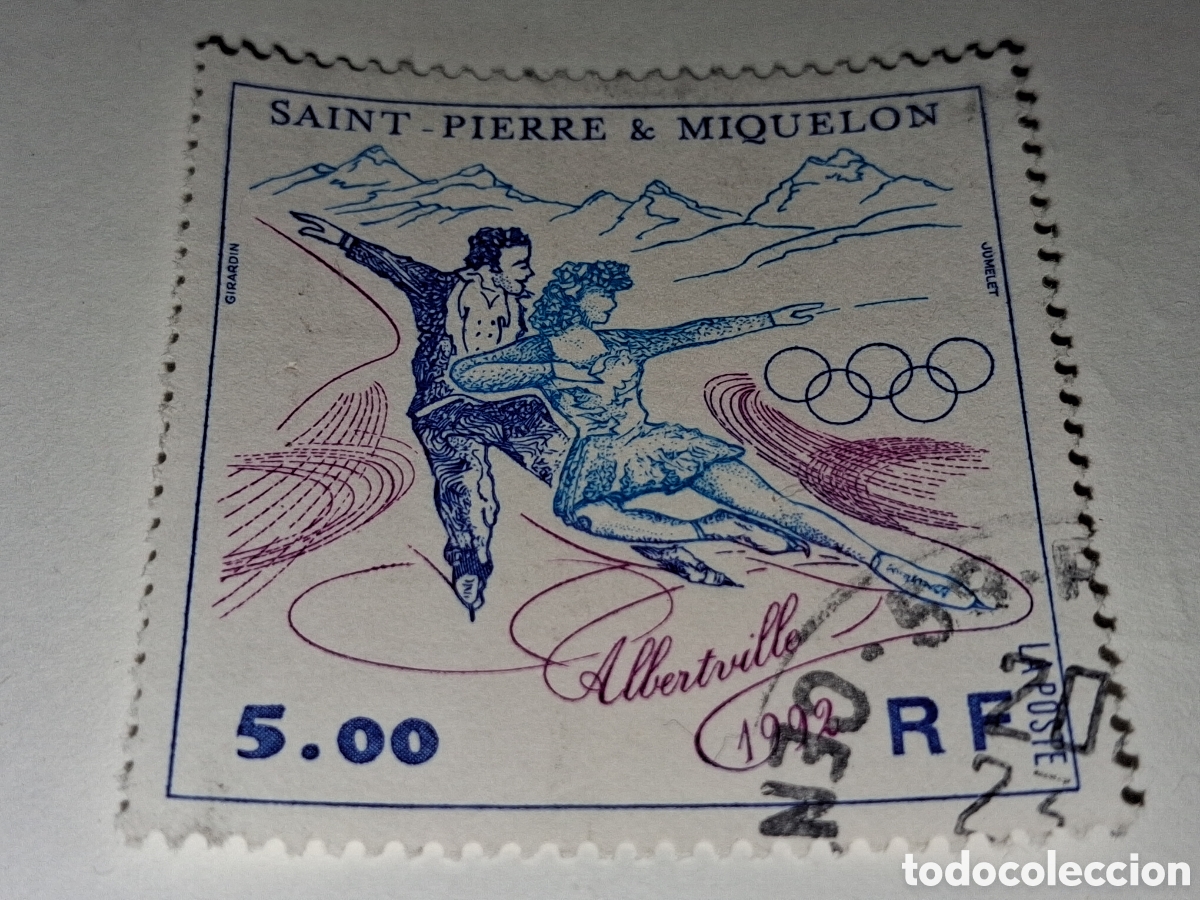 Sellos: Sello Pierre Miquelon mtdo/redo 1992. Juegos olimpiada invierno. Albertville. Deporte. Patinaje arti