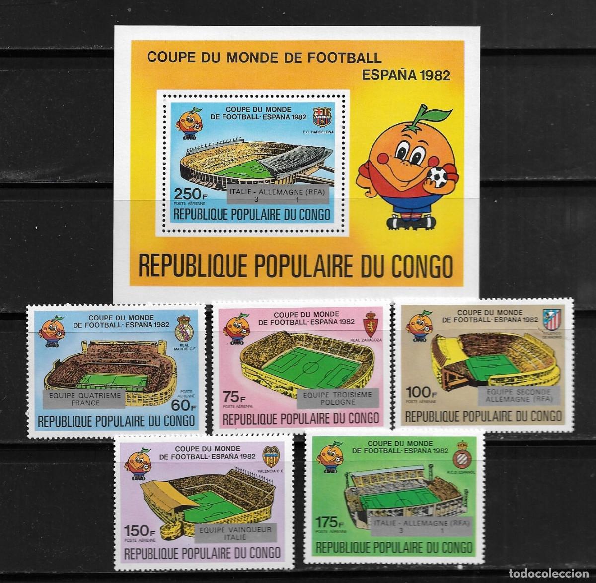 Sellos: CONGO 1982, Ivert A-280/84 + HOJA BLOQUE -CAMPEONATO MUNDIAL DE F&Uacute;TBOL ESPA&Ntilde;A 82. MNH.