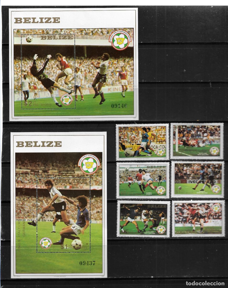 Sellos: BELIZE 1982, Ivert 624/29 + HB. -CAMPEONATO MUNDIAL DE F&Uacute;TBOL ESPA&Ntilde;A 82. MNH.