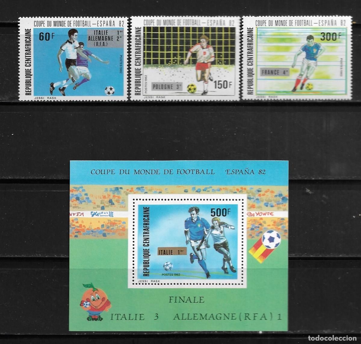 Sellos: CENTROAFRICANA 1982, Ivert 531/33 + HB. - CAMPEONATO MUNDIAL DE F&Uacute;TBOL ESPA&Ntilde;A 82 . MNH.