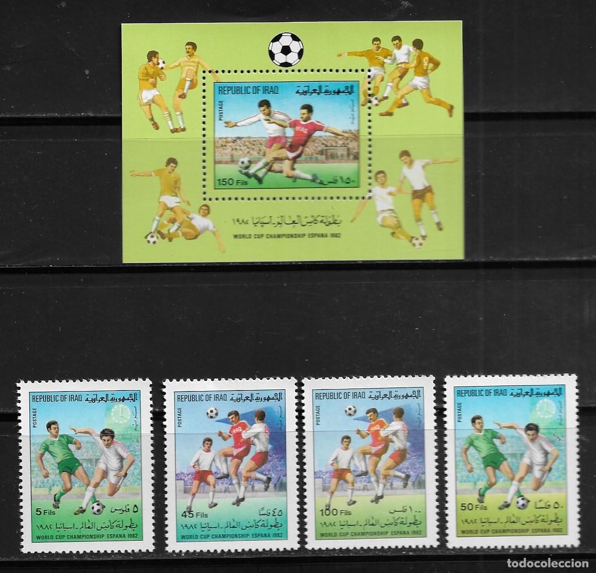 Sellos: IRAK 1982, SERIE + HOJA BLOQUE -CAMPEONATO MUNDIAL DE F&Uacute;TBOL ESPA&Ntilde;A 82. MNH.