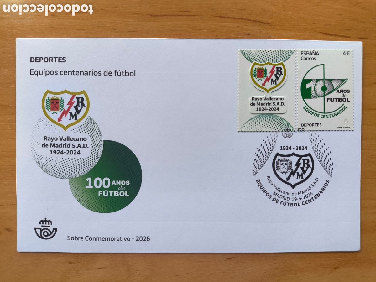Sellos: Sobre conmemorativo centenario Rayo Vallecano