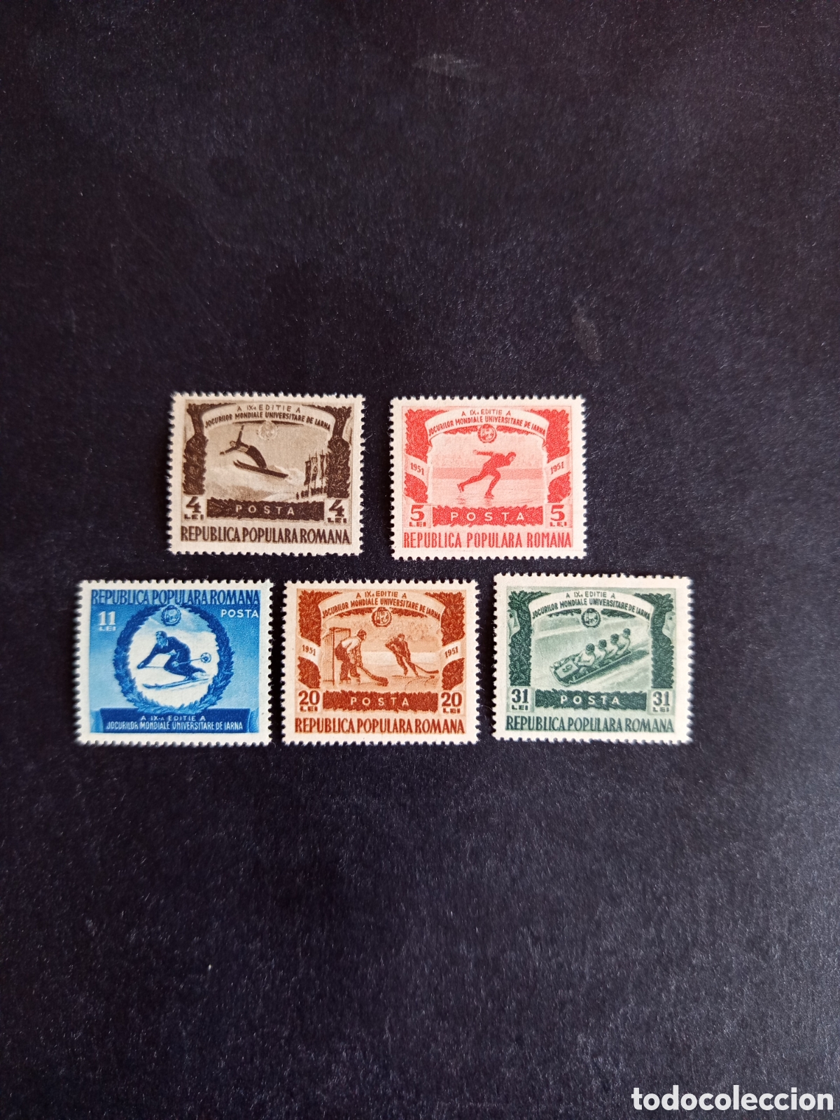 Sellos: Ruman&iacute;a, 1951. Deporte: Juegos Universitarios Yv. 1135/9. Serie completa. Pedido m&iacute;nimo 3 &euro;.