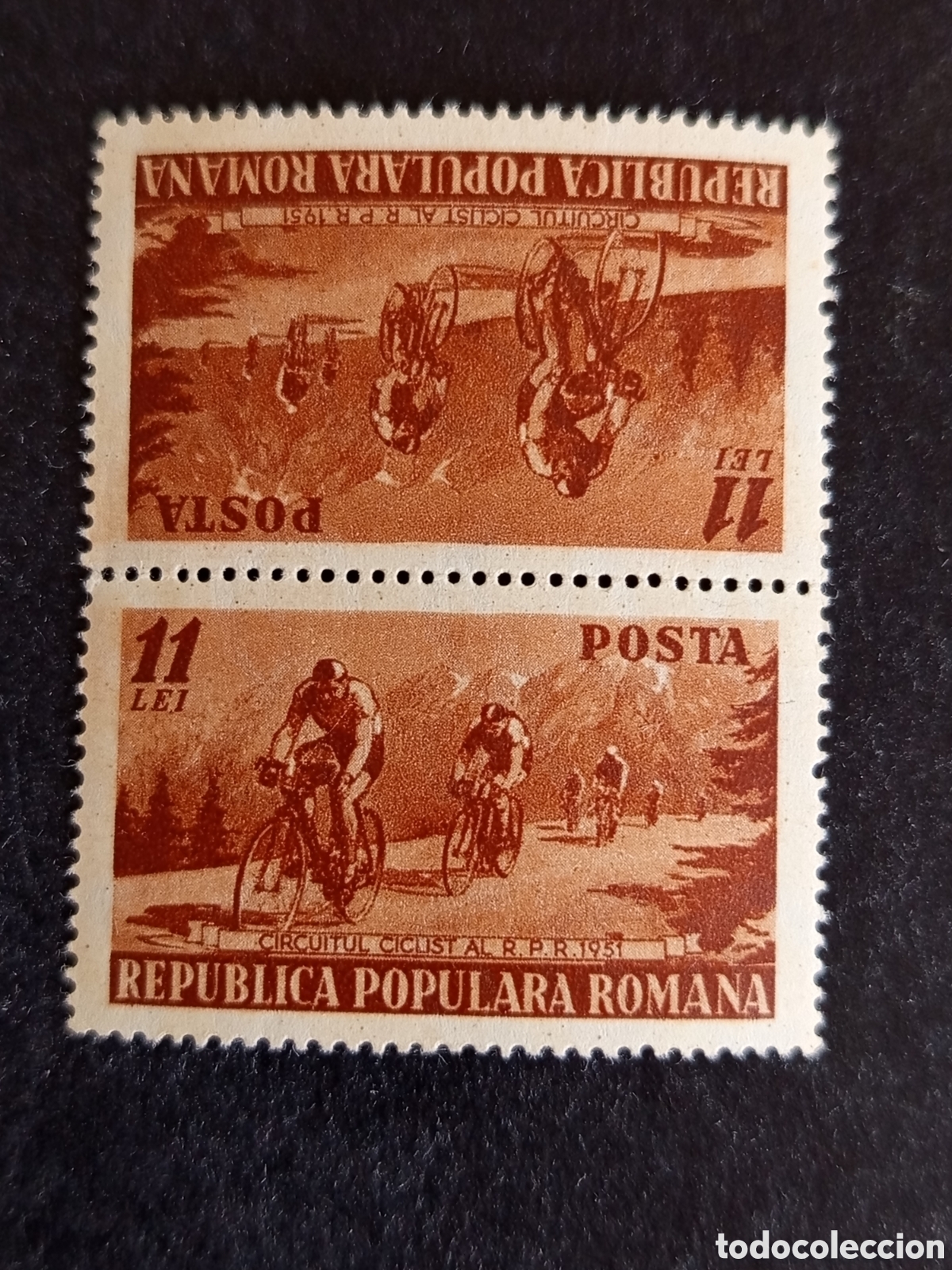 Sellos: Ruman&iacute;a, 1951. Deporte: ciclismo. Yv. 1150. Tete-b&ecirc;che. Serie completa. Pedido m&iacute;nimo 3 &euro;. Ver fotos