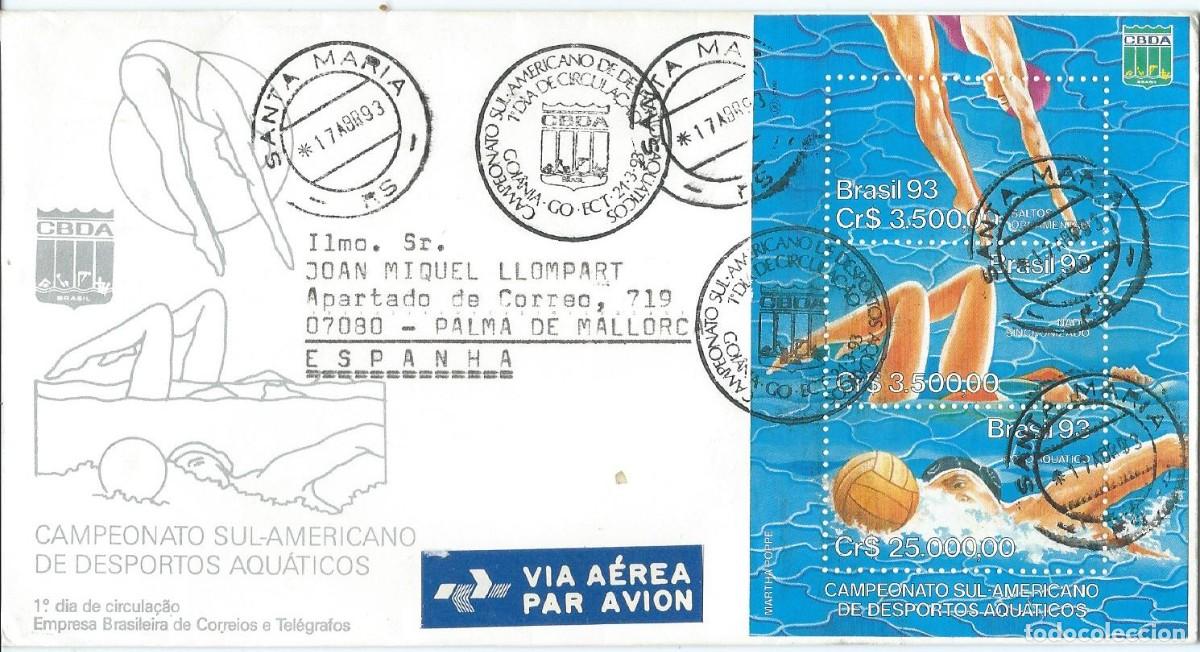 Sellos: 1993. BRASIL/BRAZIL. SPD/FDC. HB-S/S YT 91. CAMP. SUDAMERICANO DEPORTES ACU&Aacute;TICOS. NATACI&Oacute;N. SPORTS.