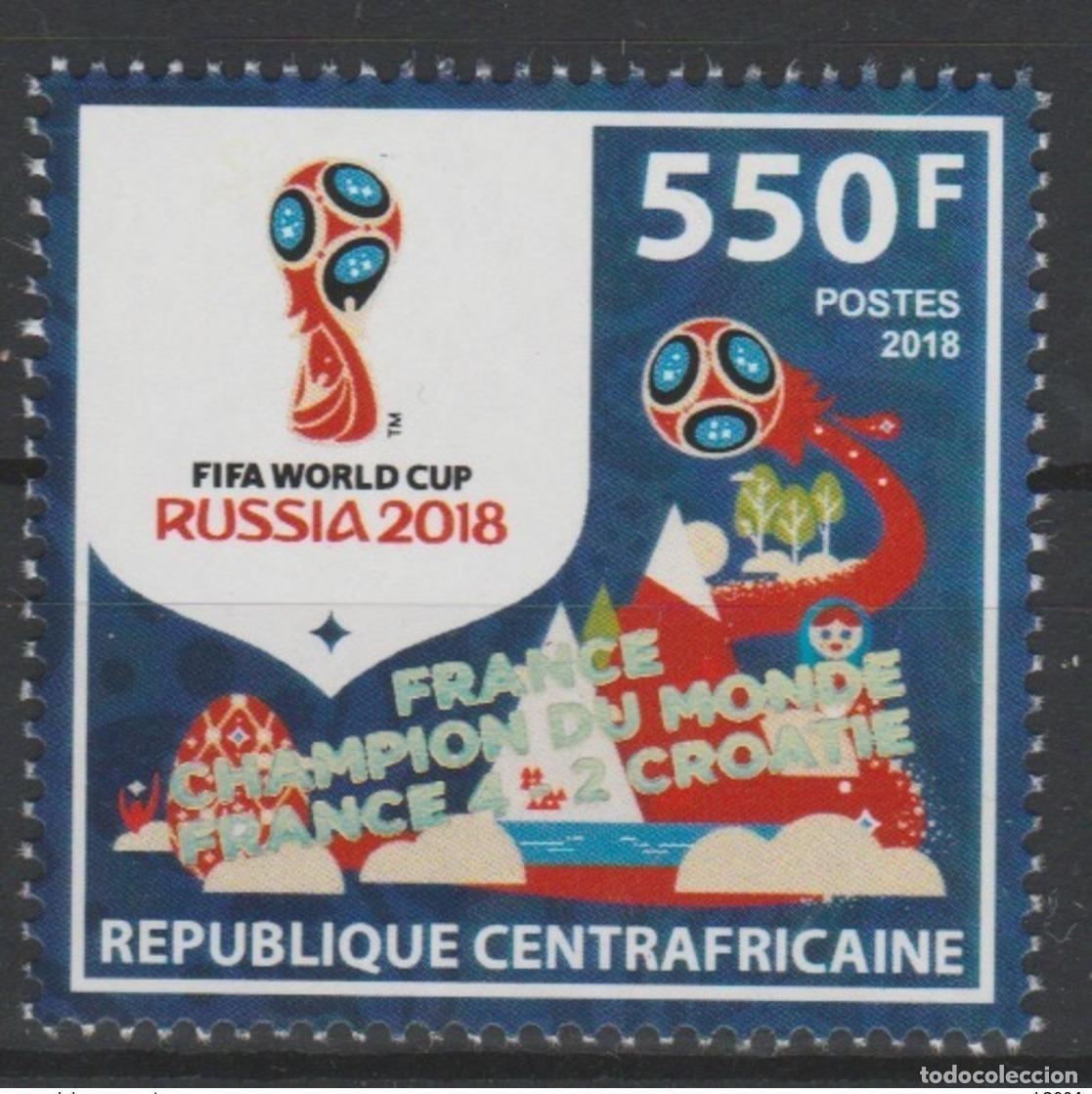 Sellos: Rep&uacute;blica Centroafricana 2018 surch. (IV) CAMPE&Oacute;N DE FRANCIA&raquo; Copa Mundial la FIFA Rusia F&uacute;tbol