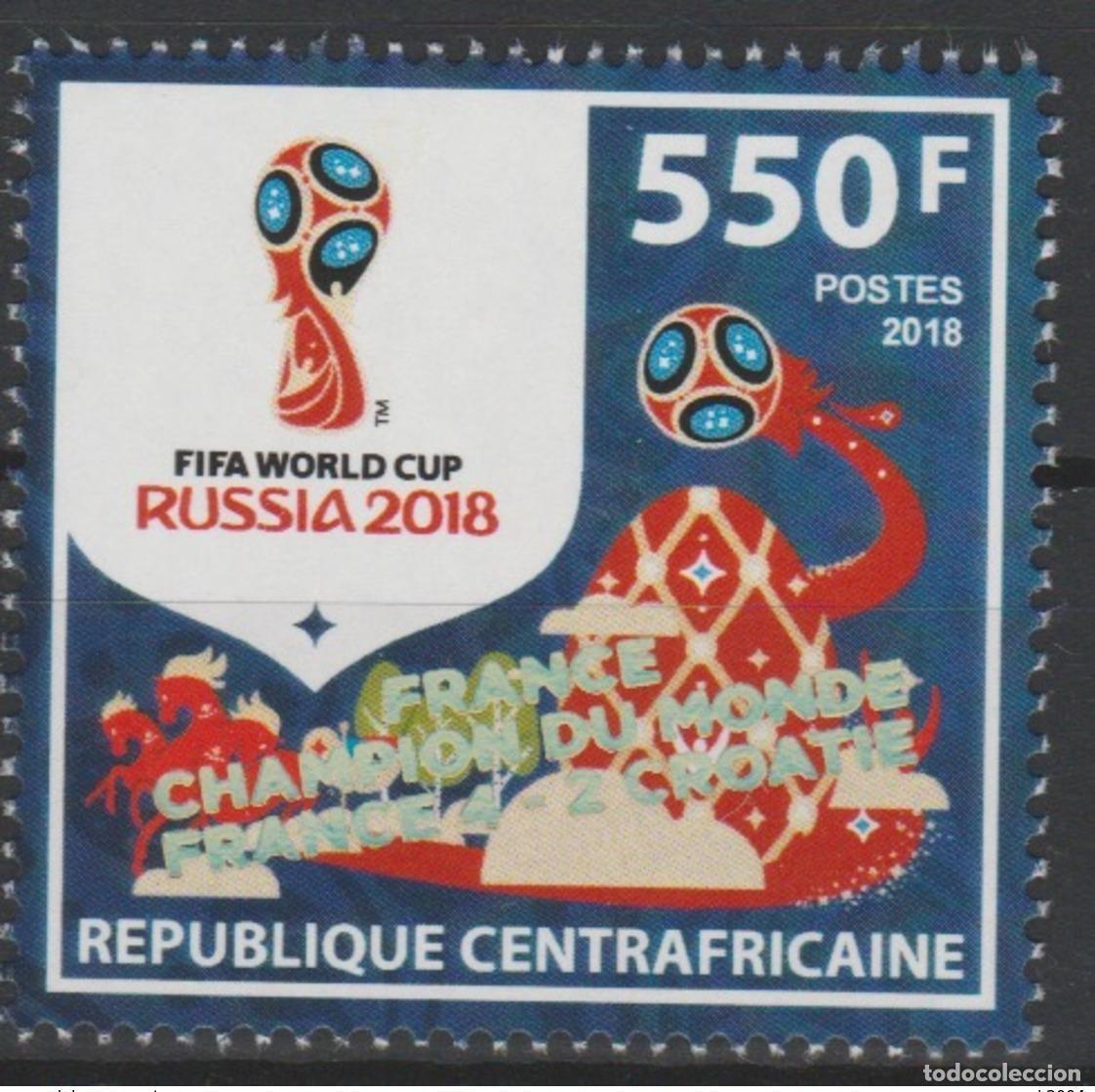 Sellos: Rep&uacute;blica Centroafricana 2018 surch. (II) FRANCIA CAMPEONA de la Copa Mundial FIFA Rusia F&uacute;tbol