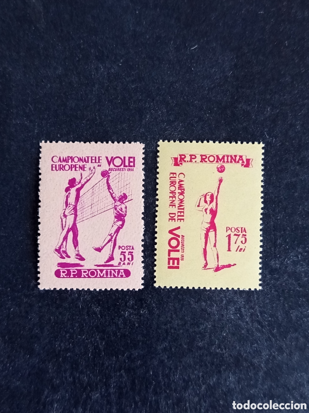 Sellos: Ruman&iacute;a, 1955. Deportes: voleibol. Yv 1380/1. Serie completa. Pedido m&iacute;nimo 3 &euro;. Ver fotos.