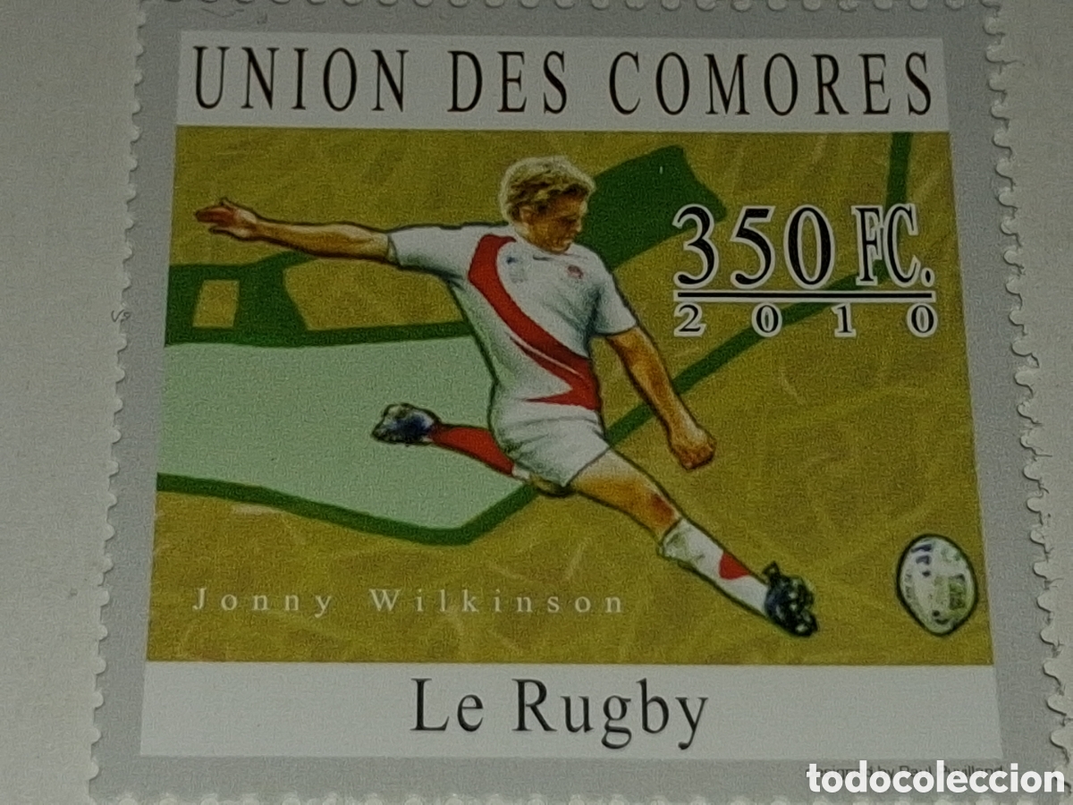 Sellos: Sello Comoras nuevo 2010. Jugadores rugby. Deporte. Estrellas. Jonny Wilkinson. Cartografia?