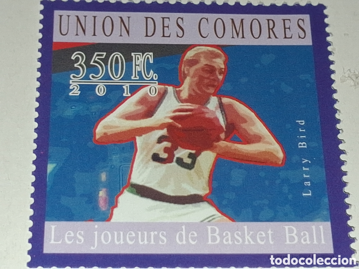 Sellos: Sello Comoras nuevo 2009. Jugadores baloncesto. Larry Bird. Deporte. Bal&oacute;n.