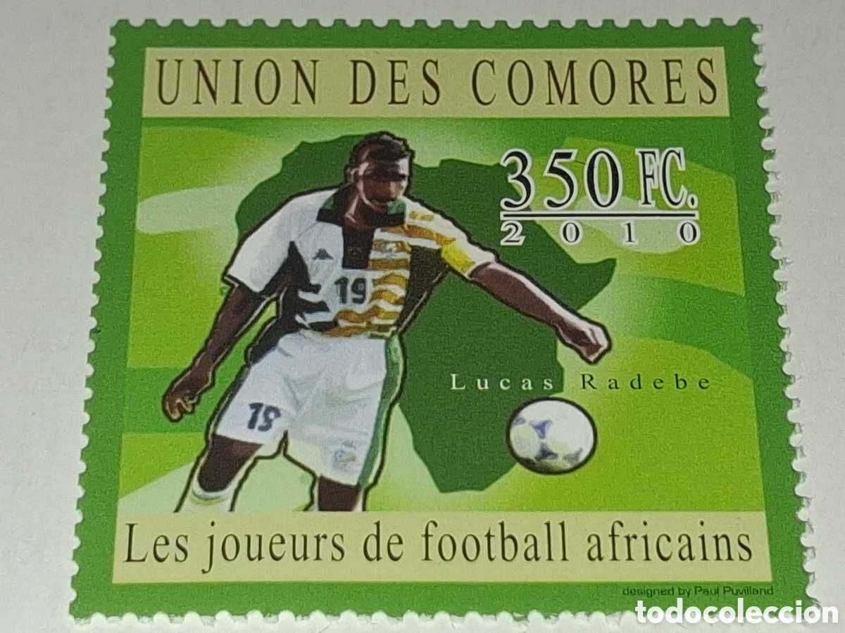 Sellos: Sello Comoras nuevo 2010. Jugado4es f&uacute;tbol &Aacute;frica. Deporte. Lucas Rabede. Cartografia. Continente.