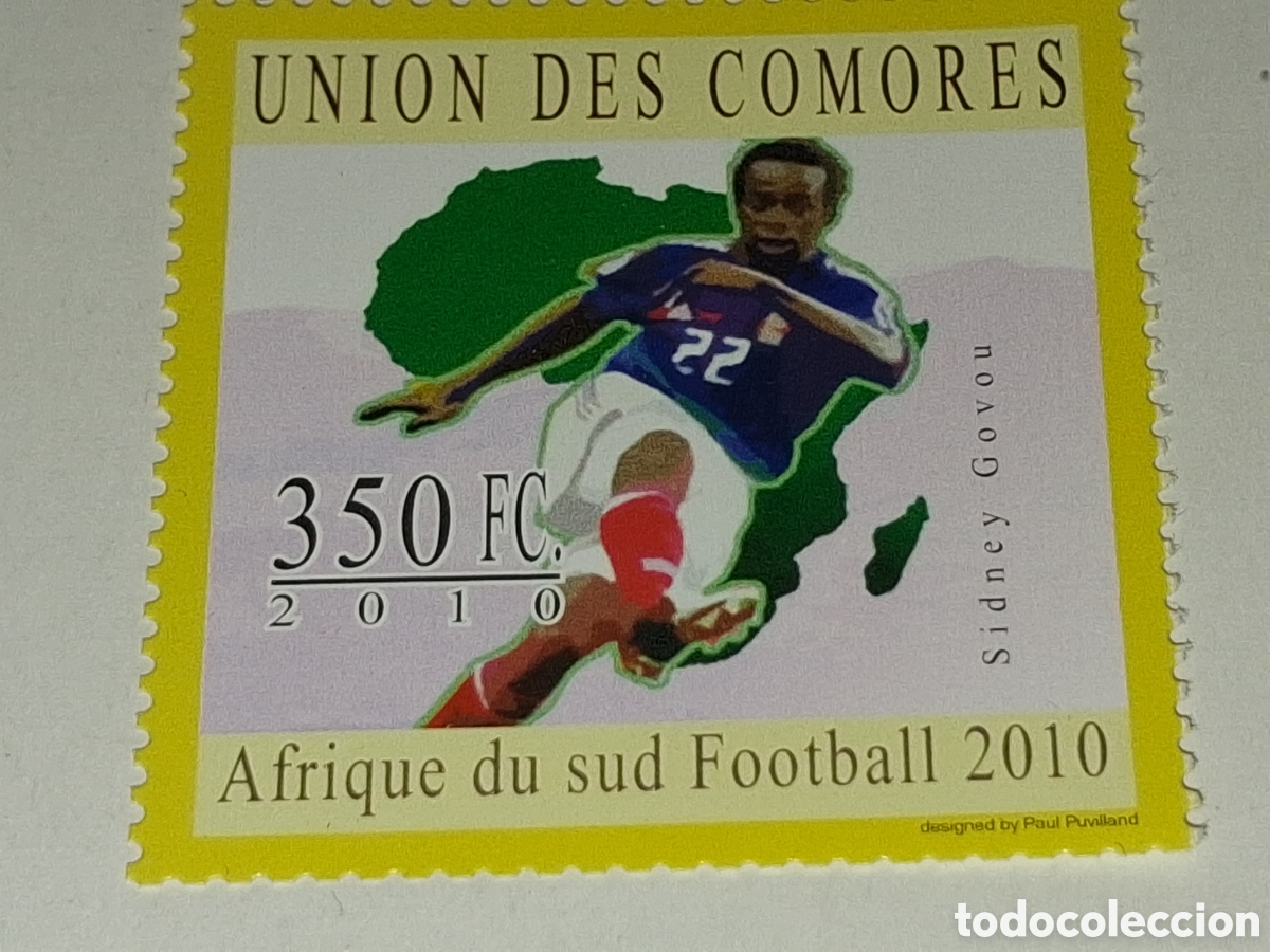 Sellos: Sello Comoras nuevo 2010. Campeonato mundial f&uacute;tbol. Sud&aacute;frica. Deporte. Cartografia. Mapa. Sidney G