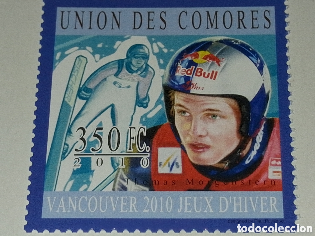 Sellos: Sello Comoras nuevo 2010. Juegos olimpiada invierno. Vancouver. Salto. Deporte. T. Morgenstern.