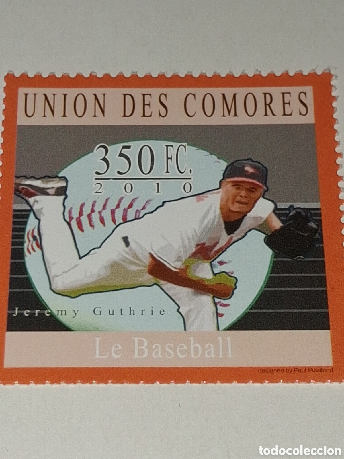 Sellos: Sello Comoras nuevo 2010. B&eacute;isbol. Jeremy Guthrie. Deporte. Juegos.