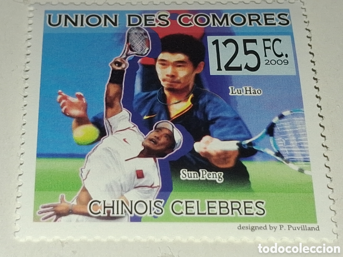 Sellos: Sello Comoras nuevo 2009. Famosos. Deporte. Sung Peng. Lu Hao. Tenis. Juegos.