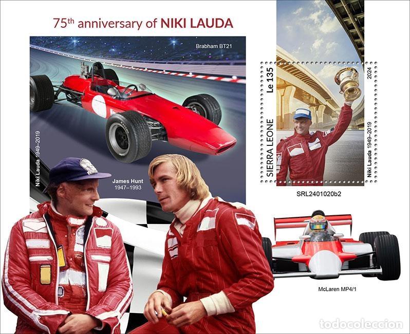 Sellos: Sierra Leona 2024 Mi. Bl. 3187 bloque Niki Lauda F&oacute;rmula 1 Ferrari