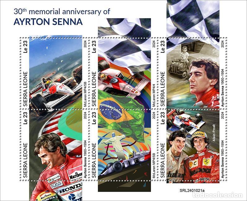 Sellos: Sierra Leona 2024 Mi. 18276-18281 hoja Ayrton Senna F&oacute;rmula 1 McLaren
