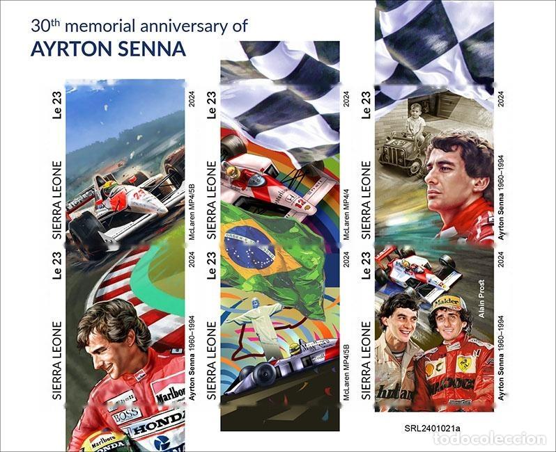 Sellos: Sierra Leona 2024 Mi. 18276-18281 hoja sin dentar Ayrton Senna F&oacute;rmula 1