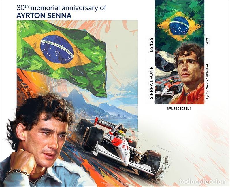 Sellos: Sierra Leona 2024 Mi. Bl. 3188 bloc sin dentar Ayrton Senna F&oacute;rmula 1 McLaren