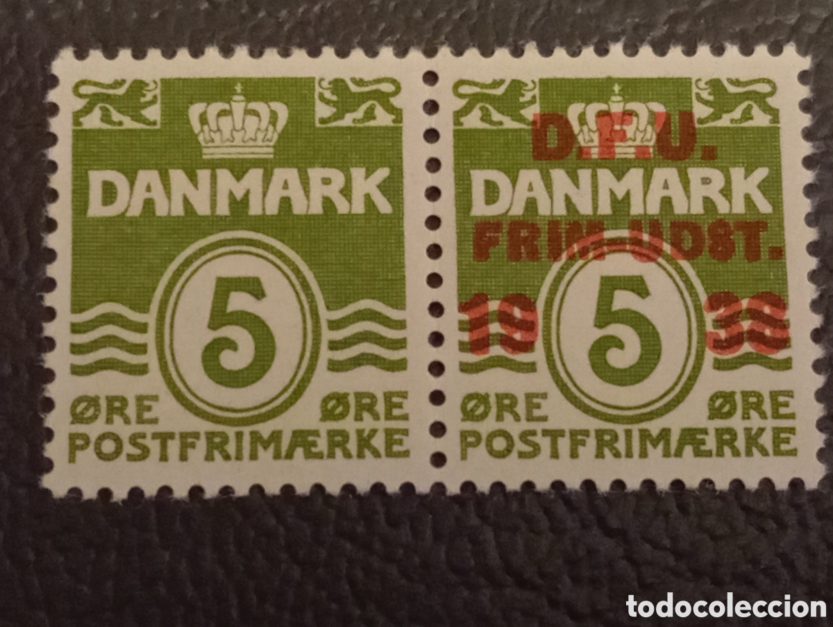 Sellos: Dinamarca 1938 - Pareja 5 &oslash;re D.F.U. FRIM.-UDST. - Nr. Cat. Yvert 243 - MH