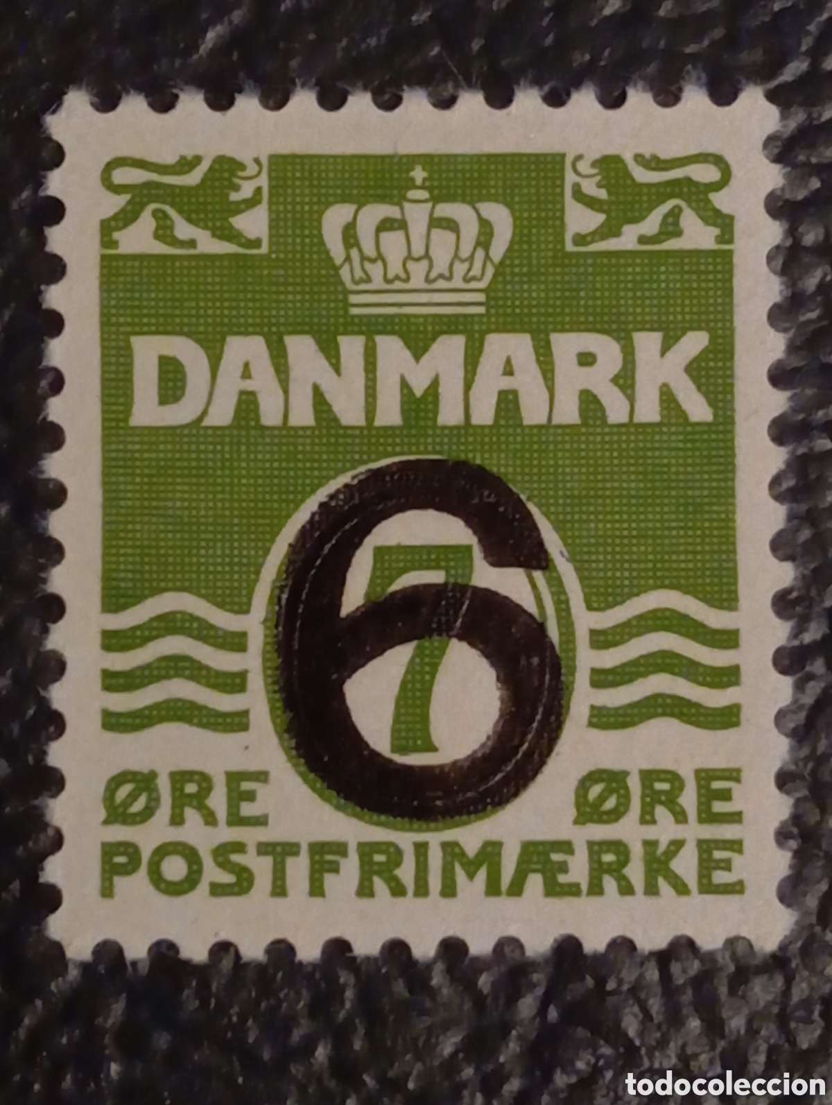 Sellos: Dinamarca 1926 - Sello 6 &oslash;re sobre 7 &oslash;re Verde (L&iacute;neas Onduladas) - AFA 168 / Scott 183 - MNH