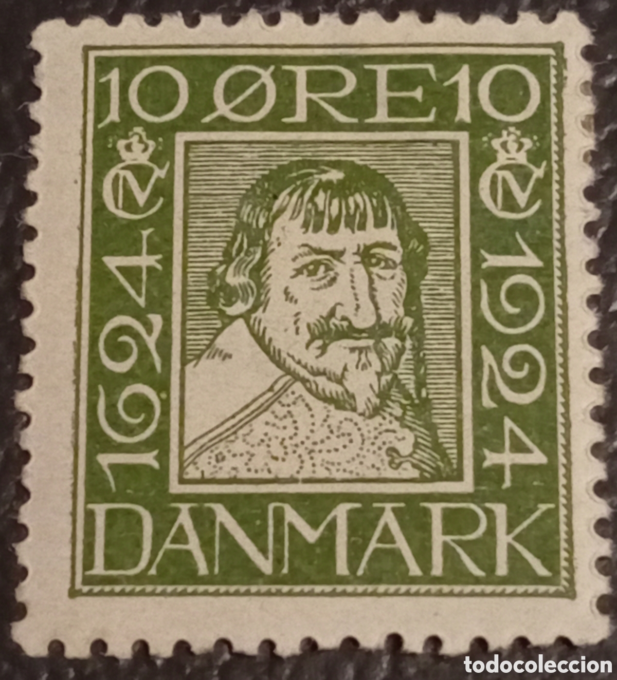 Sellos: Dinamarca 1924 - Sello 10 &Oslash;re Verde (Rey Christian IV) - Michel Nr 141