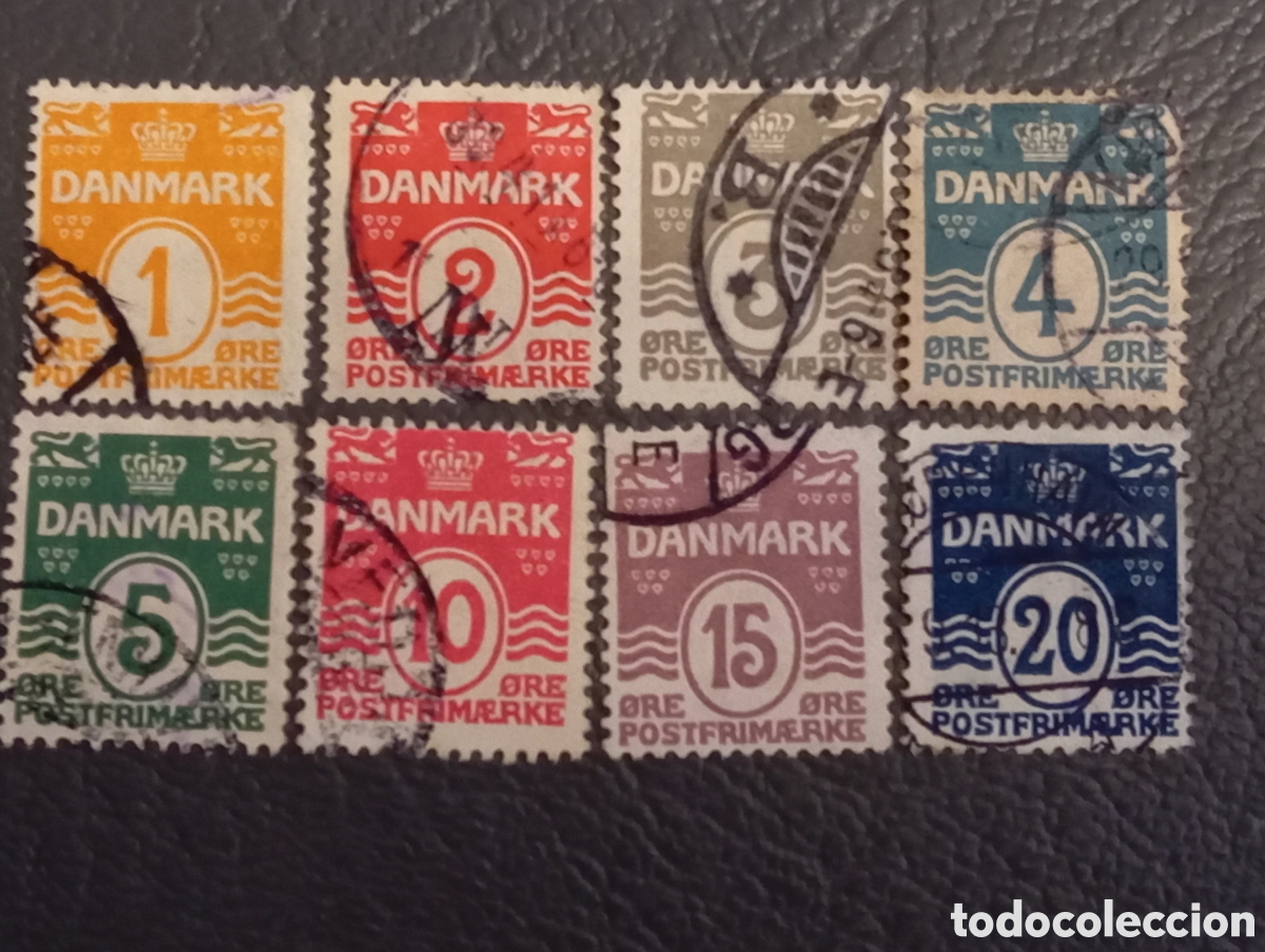 Sellos: Dinamarca 1905/1922 - Lote de 8 Sellos Usados 'L&iacute;neas Onduladas', Michel 42/49