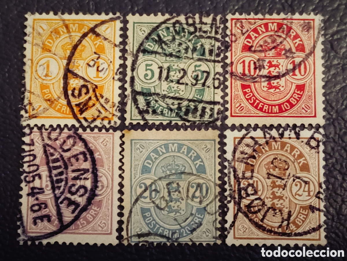 Sellos: Lote 6 Sellos Dinamarca 1875-1902 Escudo de Armas Usados Cat. Scott #41/47