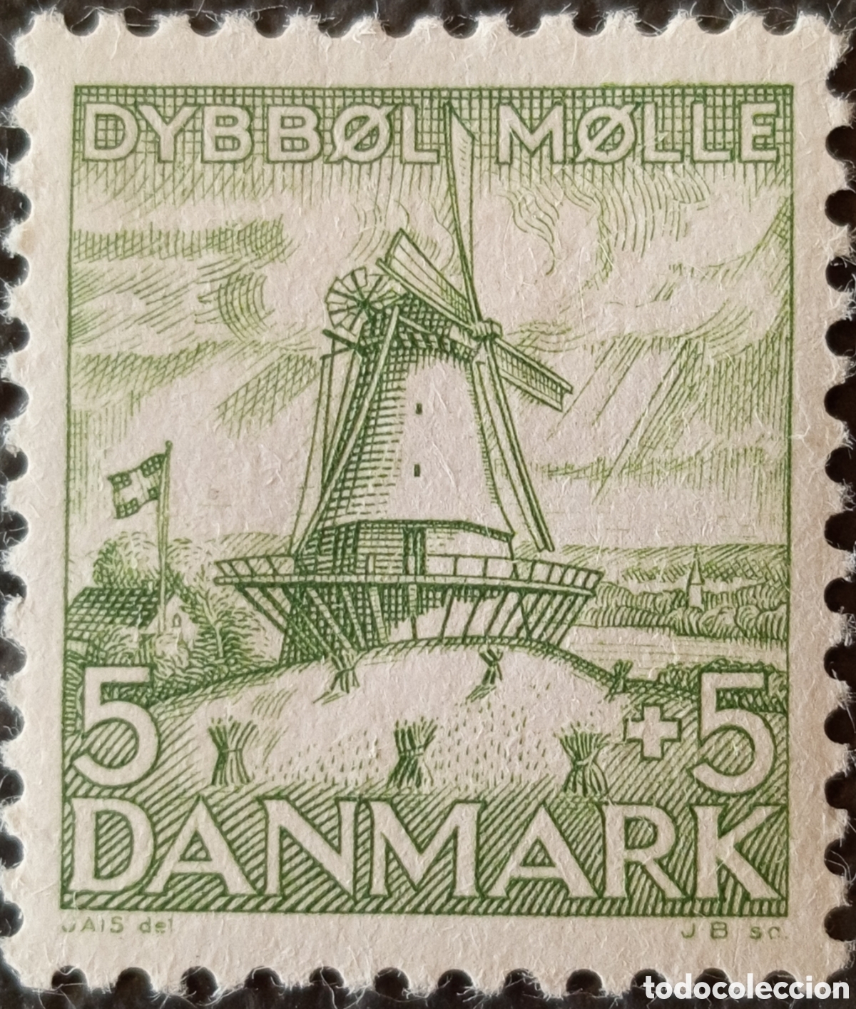 Sellos: Dinamarca 1937 Dybb&oslash;l M&oslash;lle 5+5 &Ouml;re Verde Molino Scott #B9 MH