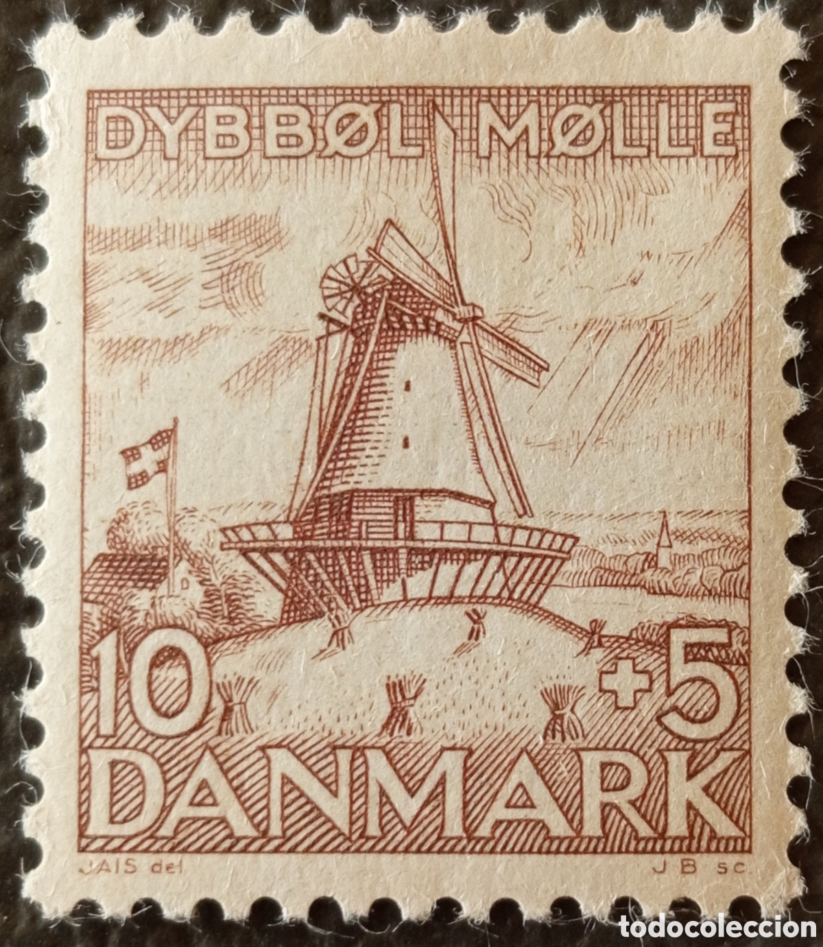 Sellos: Dinamarca 1937 Dybb&oslash;l M&oslash;lle 10+5 &Ouml;re Casta&ntilde;o Molino Scott #B10 MH