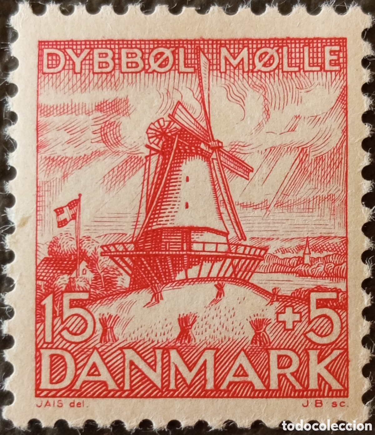 Sellos: Dinamarca 1937 Dybb&oslash;l M&oslash;lle 15+5 &Ouml;re Rojo Molino Scott #B11 MH