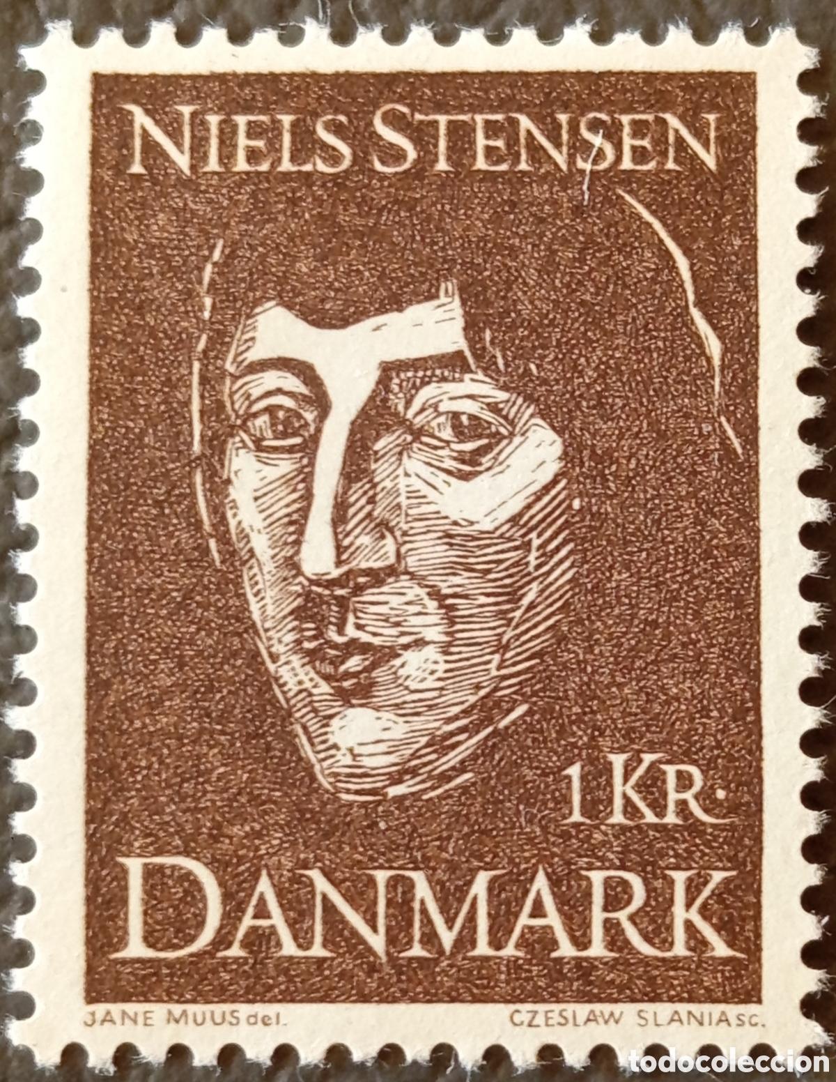 Sellos: Dinamarca 1969 Niels Stensen 1Kr Casta&ntilde;o Scott #462 Slania MH