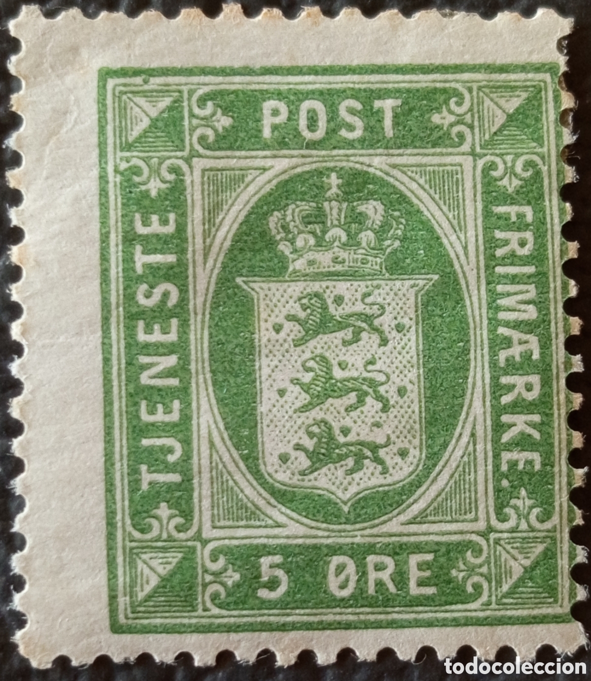 Sellos: Dinamarca 1875 Oficial 5 Ore Verde Scott O9 Michel D7 MH