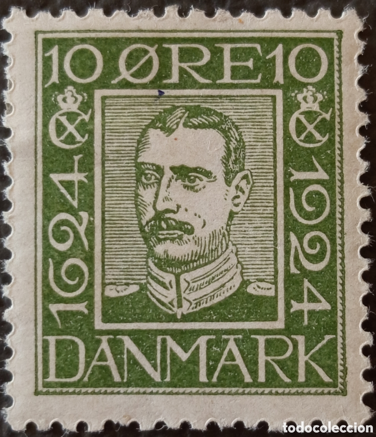 Sellos: Dinamarca 1924 10 Ore Verde Scott 164 Michel 143 Rey MH