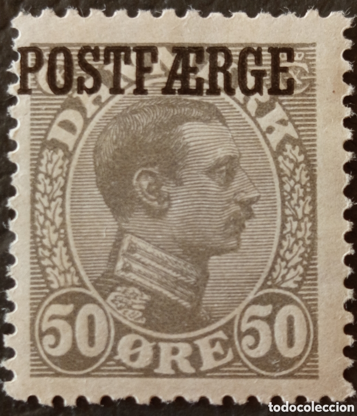 Sellos: Dinamarca 1919 POSTF&AElig;RGE 50 Ore Gris Oliva Christian X Scott Q6 MH