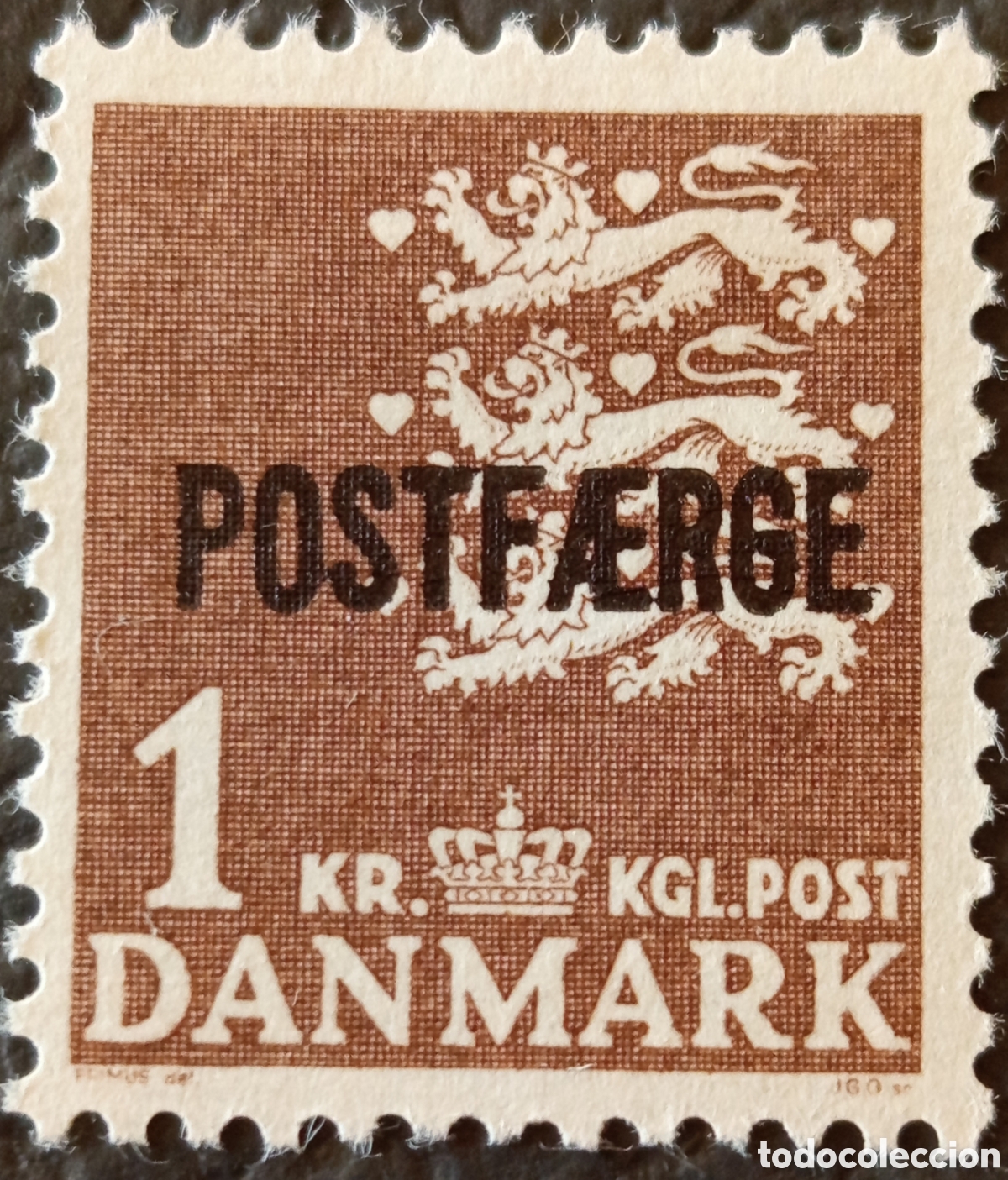 Sellos: Dinamarca 1949 POSTF&AElig;RGE 1 Kr Marr&oacute;n Escudo Scott Q33 Mi PK33 MH