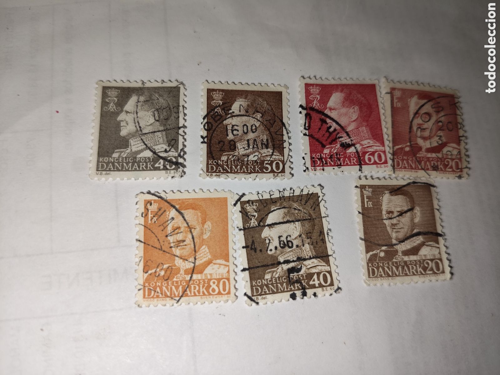 Sellos: 7 sellos de Dinamarca Federico lX a&ntilde;os 50-60
