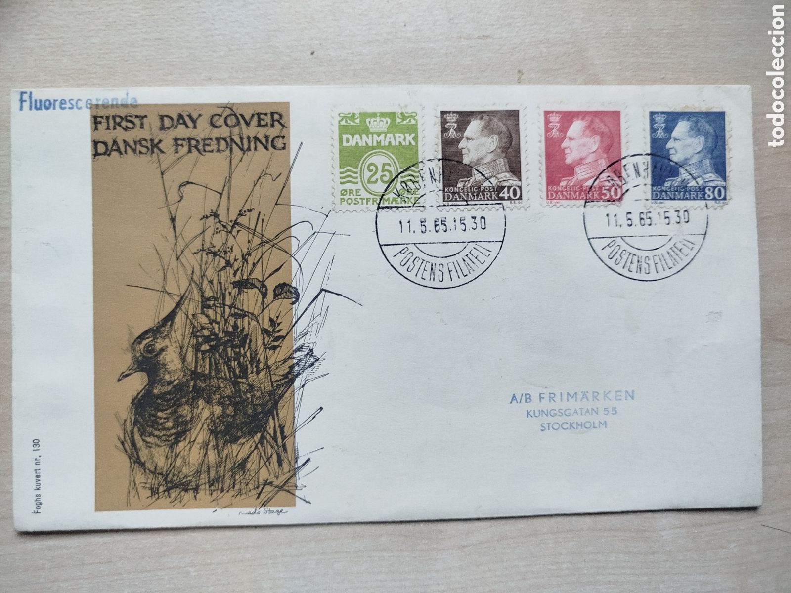 Sellos: Dinamarca FDC 1965. Dansk Fredning. Sellos Fluorescentes. Matasellos Postens Filateli.