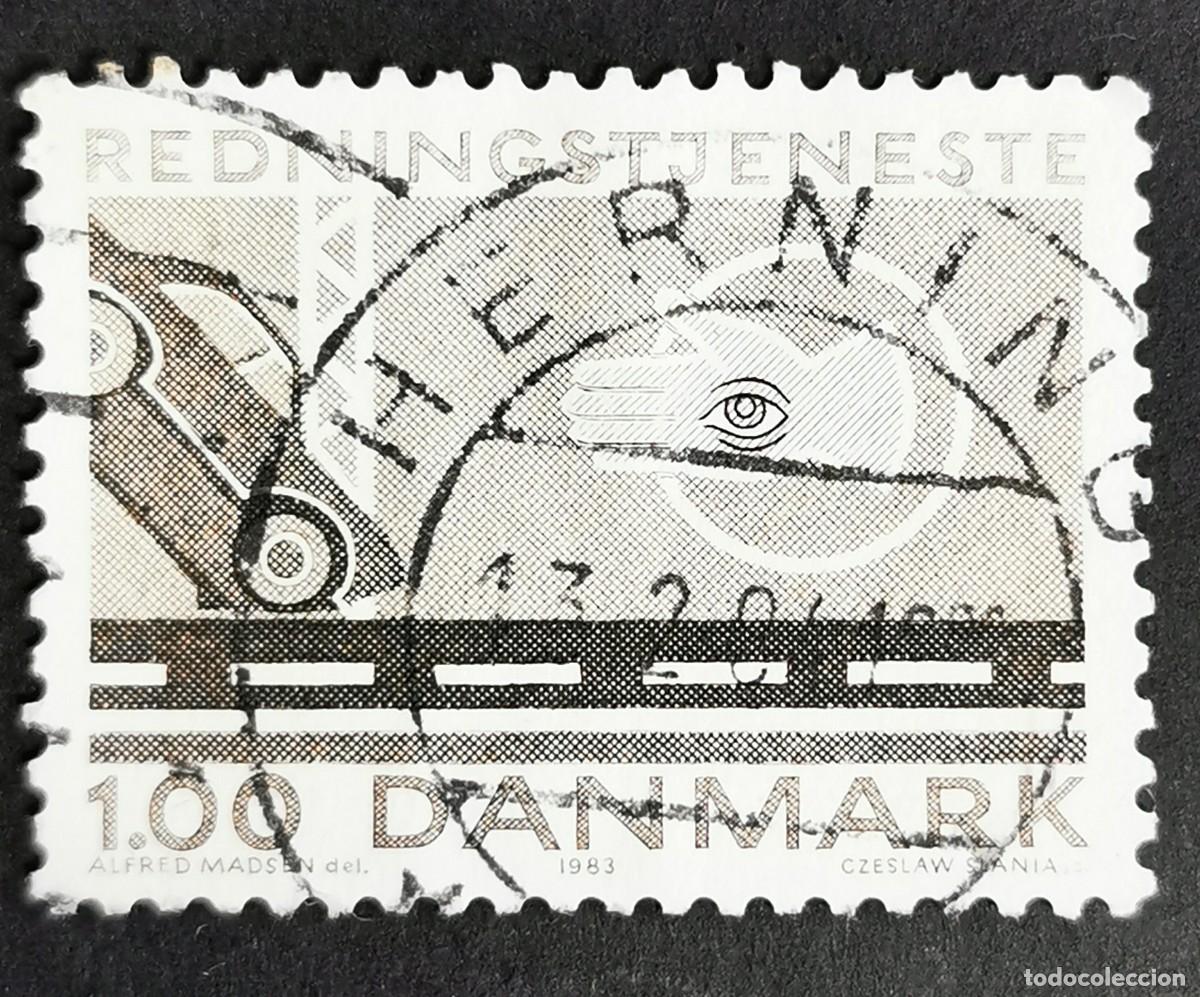 Sellos: Sello Dinamarca 1983, Coche accidentado y mano con ojo (Polic&iacute;a), 1,00 dkr. Michel: DK 785
