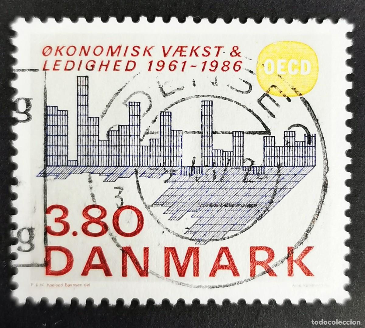 Sellos: Sello Dinamarca 1986, Gr&aacute;fico crecimiento econ&oacute;mico dan&eacute;s tasa desempleo, 3,80 dkr. Michel: DK 887