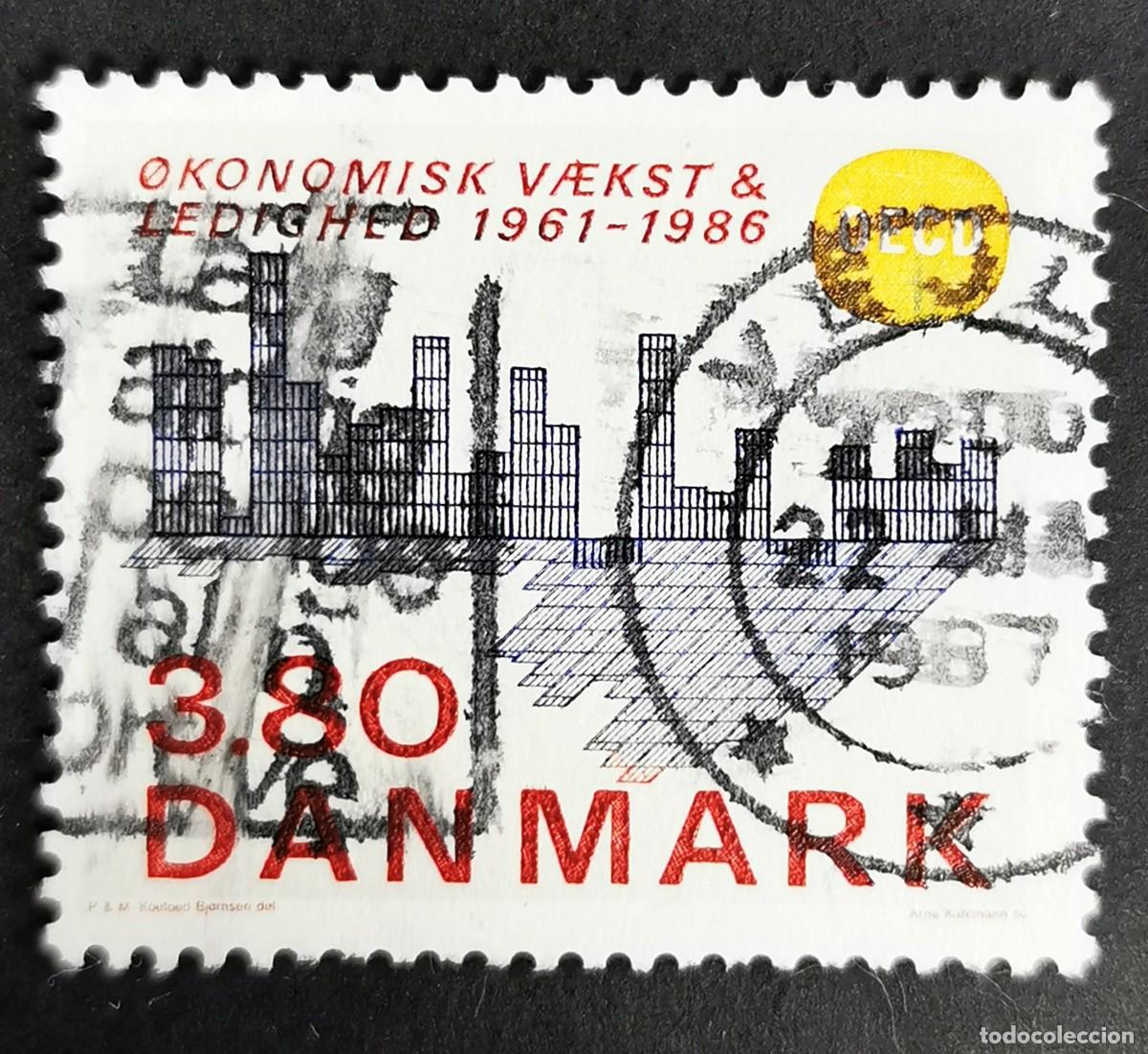 Sellos: Sello Dinamarca 1986, Gr&aacute;fico crecimiento econ&oacute;mico dan&eacute;s tasa desempleo, 3,80 dkr. Michel: DK 887