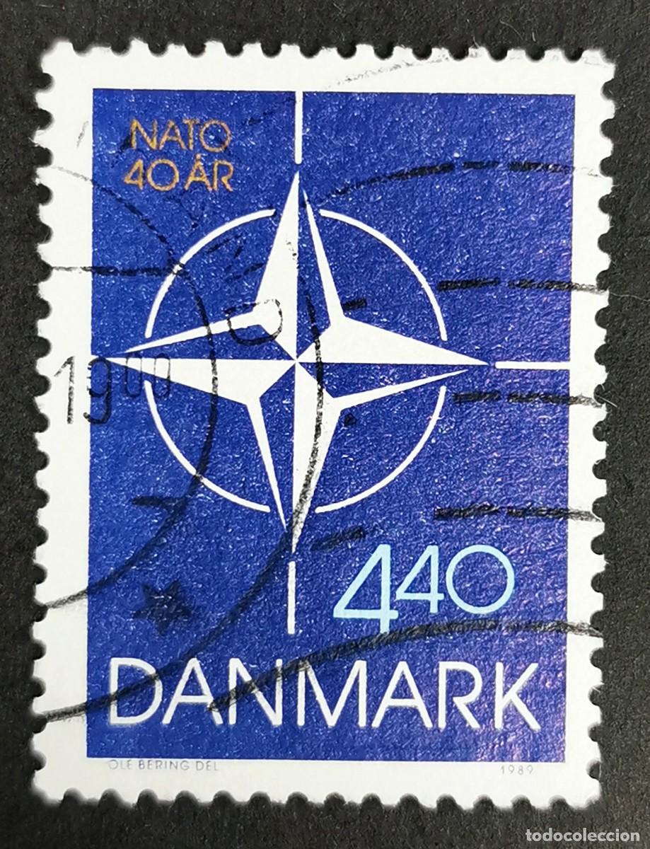 Sellos: Sello Dinamarca 1989, Emblema Organizaci&oacute;n Tratado Atl&aacute;ntico Norte (OTAN), 4,40 dkr. Michel: DK 946