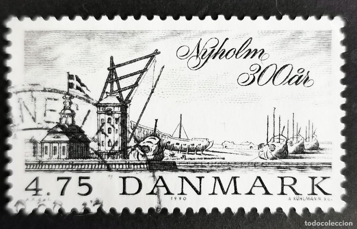 Sellos: Sello Dinamarca 1990, Casa guardia puerto Nyholm, gr&uacute;a de aparejo y barcos, 4,75 dkr. Michel: DK 976