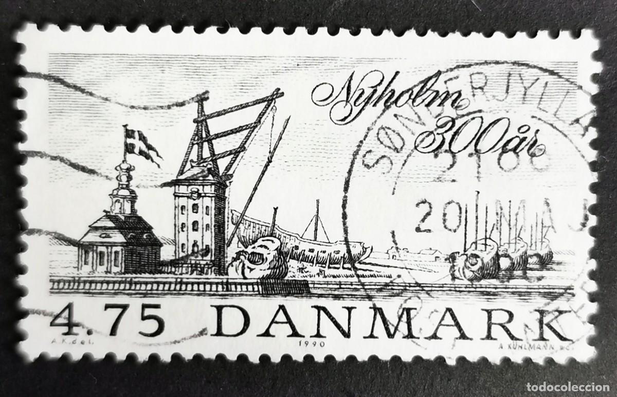Sellos: Sello Dinamarca 1990, Casa guardia puerto Nyholm, gr&uacute;a de aparejo y barcos, 4,75 dkr. Michel: DK 976