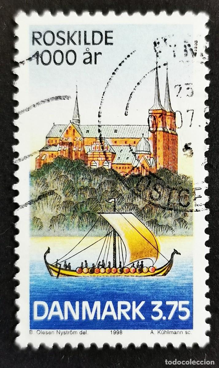 Sellos: Sello Dinamarca 1998, Catedral de Roskilde y drakkar vikingo, 3.75 dkr. Michel: DK 1174