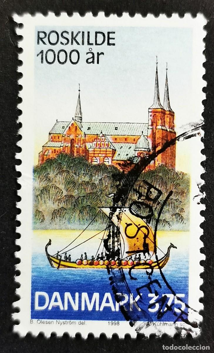 Sellos: Sello Dinamarca 1998, Catedral de Roskilde y drakkar vikingo, 3.75 dkr. Michel: DK 1174