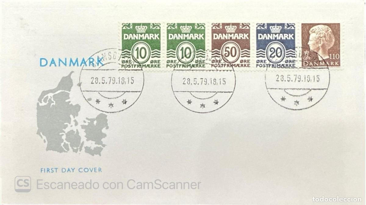 Sellos: MI) 1979, DENMARK, FIRST DAY COVER FEATURING A COMBINATION OF FIVE CLASSIC DANISH POSTAGE STAMPS DEP